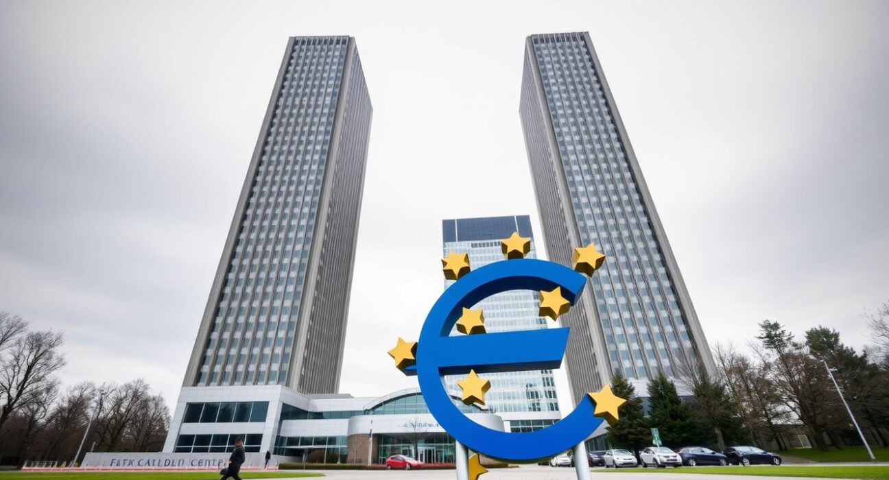 European Central Bank headquarters in Frankfurt under overcast sky