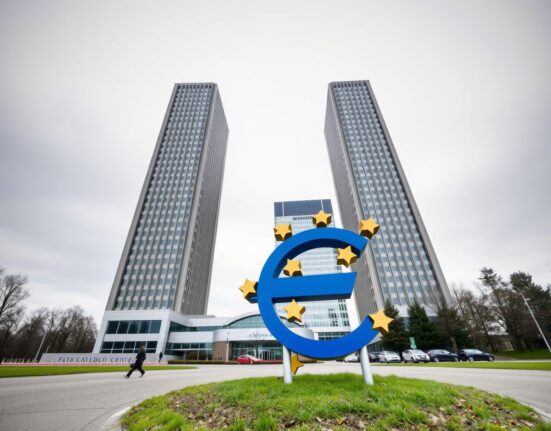 European Central Bank headquarters in Frankfurt under overcast sky