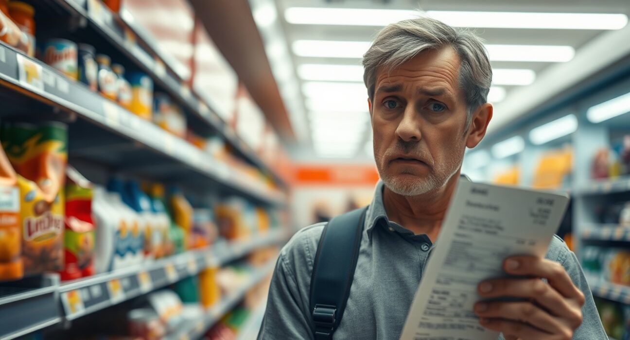 German consumer concerned about rising prices while shopping, reflecting March 2025 inflation data.