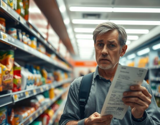 German consumer concerned about rising prices while shopping, reflecting March 2025 inflation data.