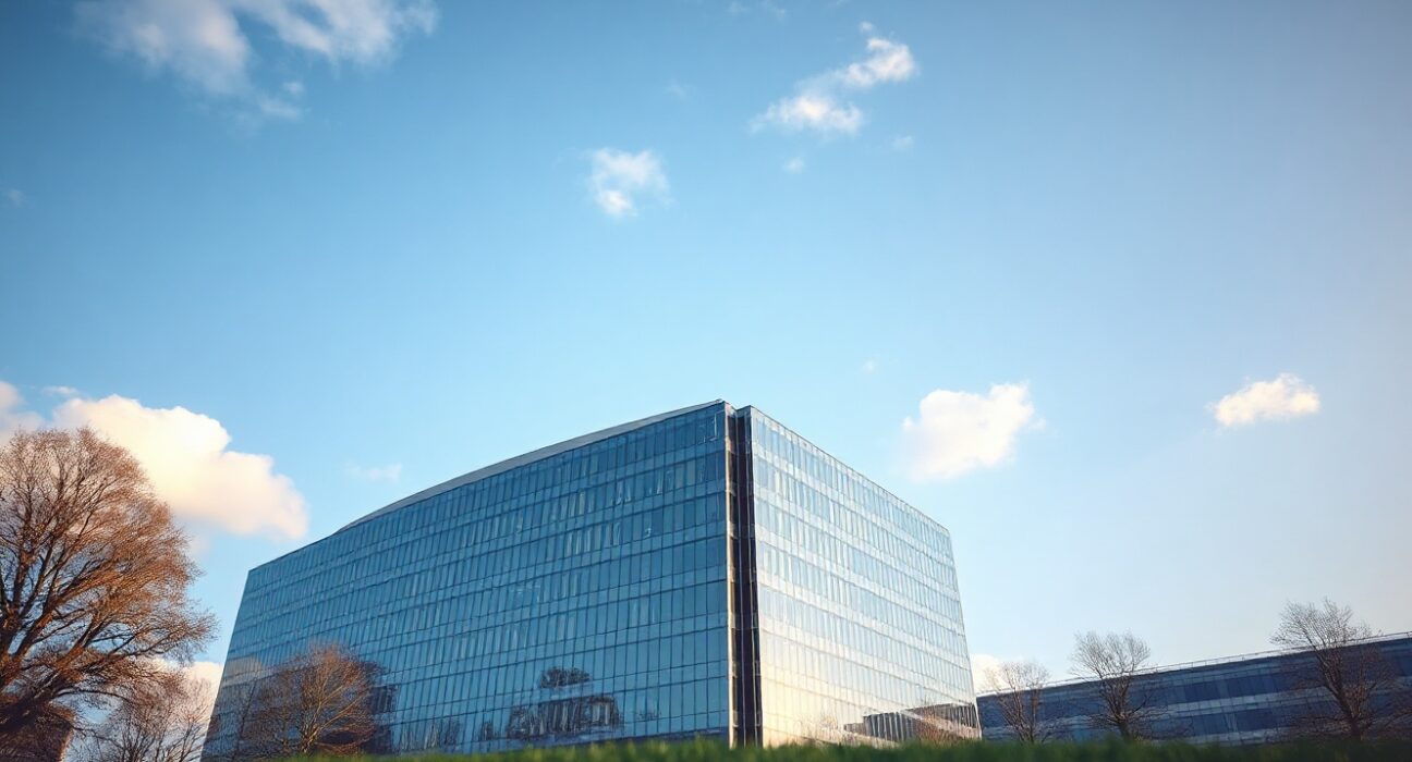 European Central Bank headquarters in Frankfurt, Germany, on a sunny day.
