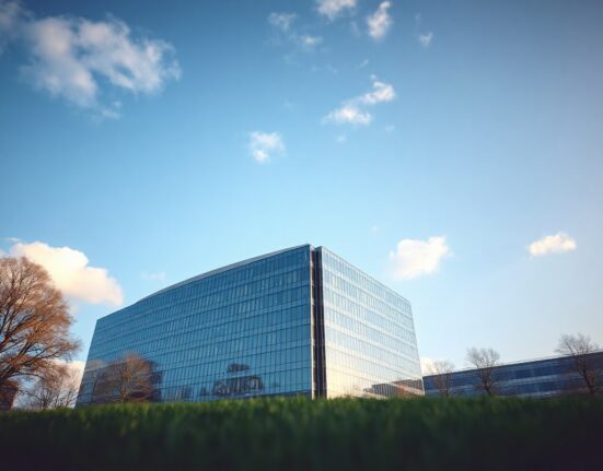 European Central Bank headquarters in Frankfurt, Germany, on a sunny day.