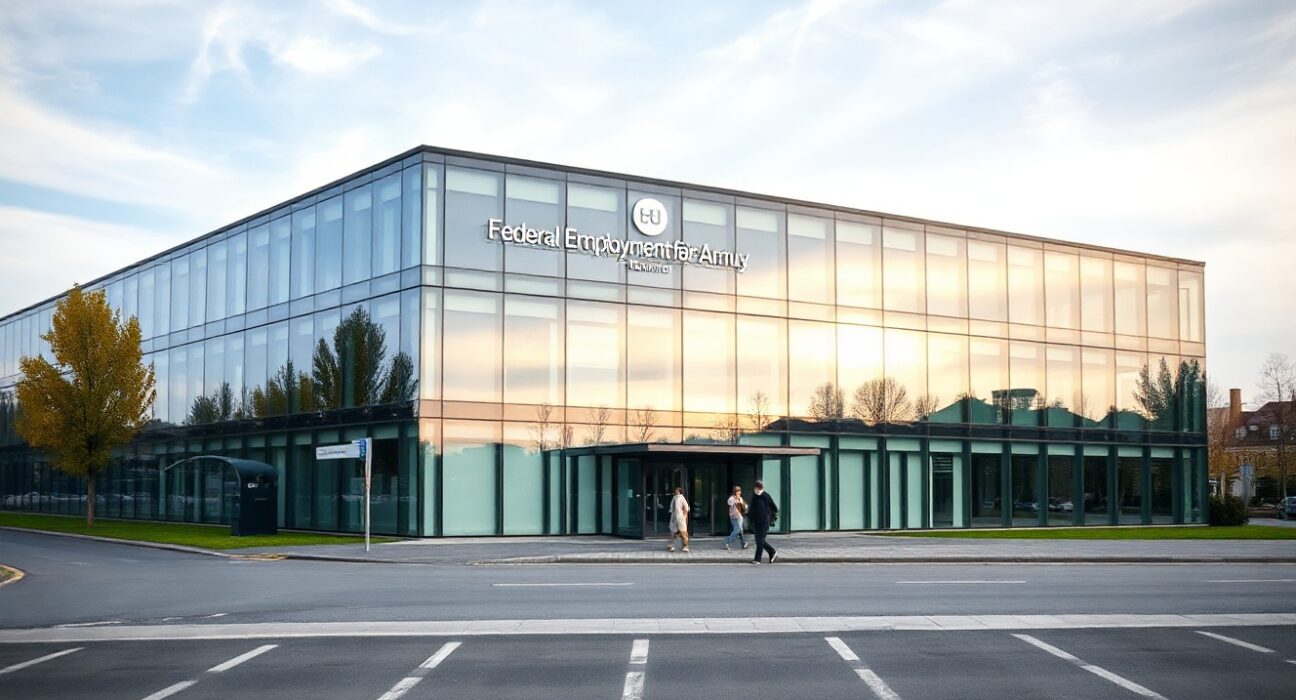 Federal Employment Agency building in Nuremberg, Germany, on a cloudy day, with people entering the building.