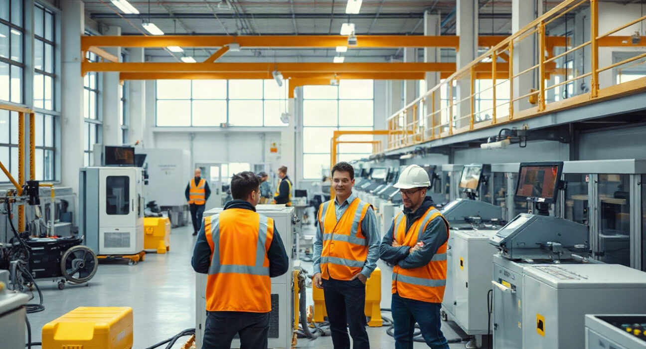 German factory floor with workers and automated machinery, representing the manufacturing sector's August PMI growth