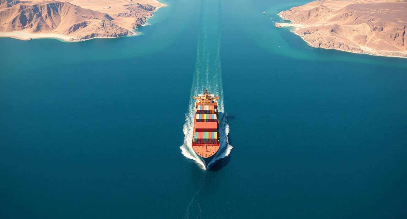 Aerial view of a ship transiting the strategic Strait of Hormuz maritime chokepoint.