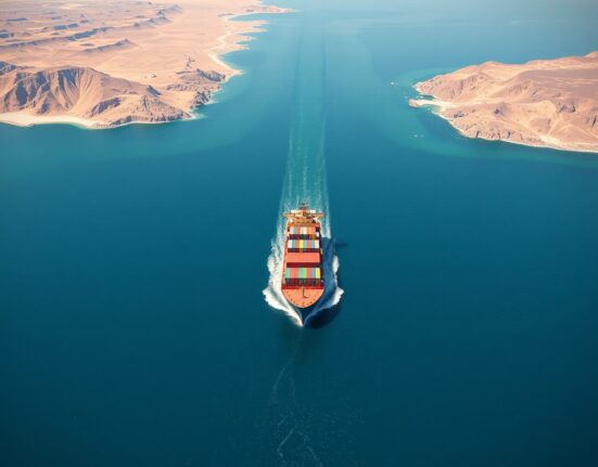 Aerial view of a ship transiting the strategic Strait of Hormuz maritime chokepoint.