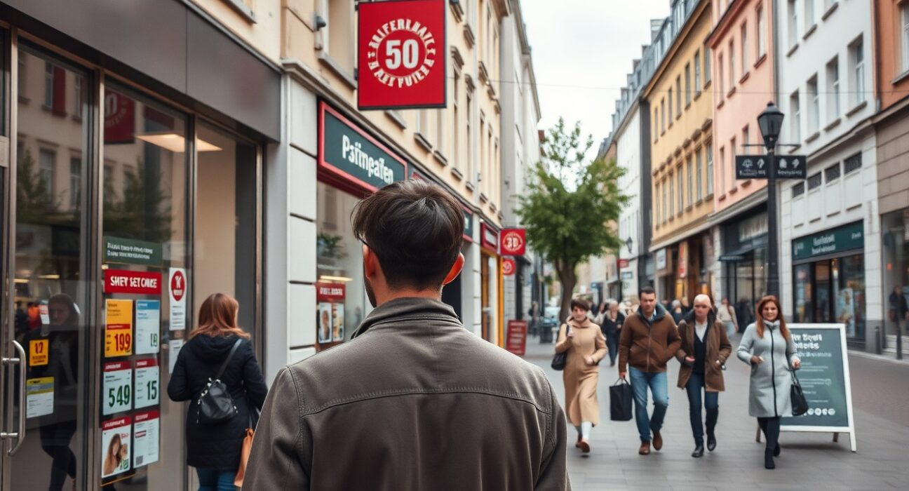 Shoppers on a street in North Rhine-Westphalia, Germany, with visible price displays, representing regional inflation trends.
