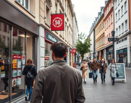 Shoppers on a street in North Rhine-Westphalia, Germany, with visible price displays, representing regional inflation trends.