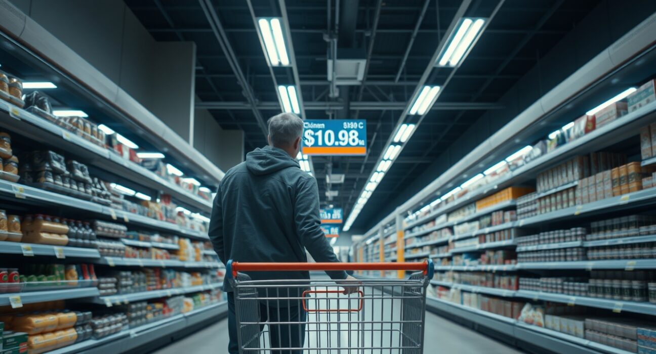 Shopper looking at a discounted price tag in a supermarket in North Rhine-Westphalia, Germany.