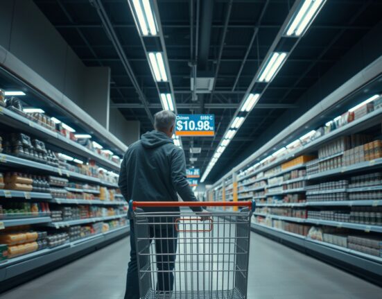 Shopper looking at a discounted price tag in a supermarket in North Rhine-Westphalia, Germany.
