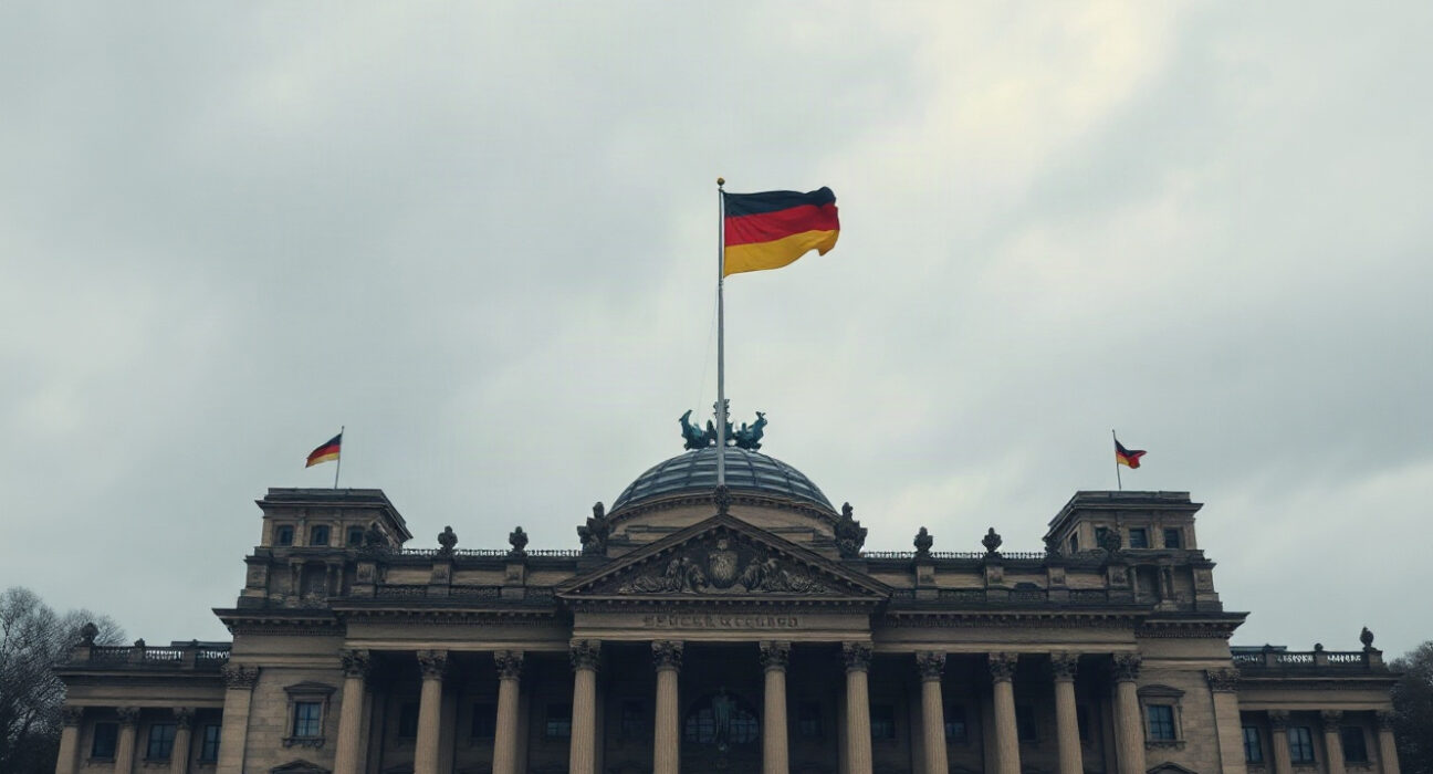 Reichstag building in Berlin with German flag, symbolizing political uncertainty