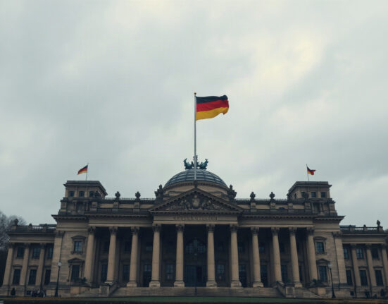 Reichstag building in Berlin with German flag, symbolizing political uncertainty