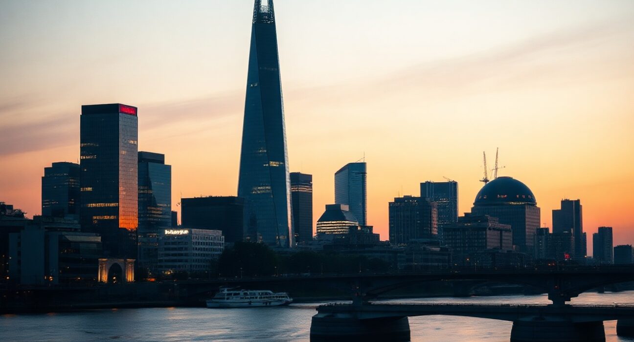 Frankfurt skyline at dusk with Commerzbank Tower center, representing German economic uncertainty from Middle East conflict