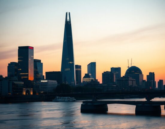 Frankfurt skyline at dusk with Commerzbank Tower center, representing German economic uncertainty from Middle East conflict