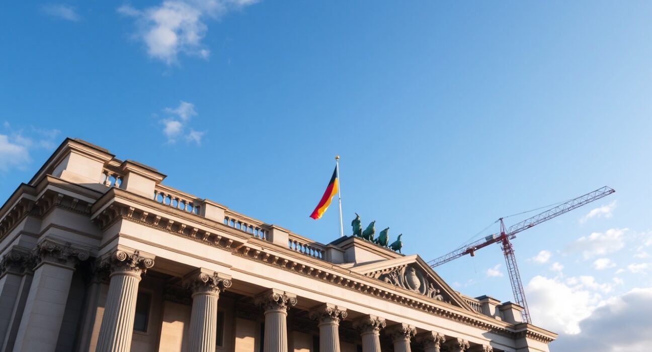 Reichstag building in Berlin on a sunny day with a construction crane symbolizing reform and economic growth.