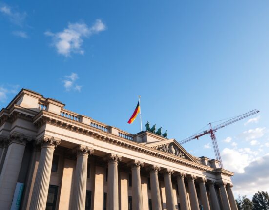 Reichstag building in Berlin on a sunny day with a construction crane symbolizing reform and economic growth.