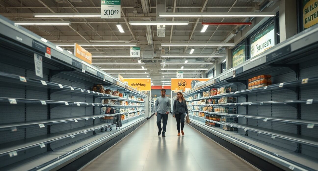 Shoppers in a German supermarket aisle with partially stocked shelves, reflecting weak retail sales in June.