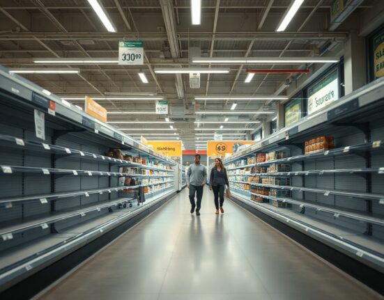 Shoppers in a German supermarket aisle with partially stocked shelves, reflecting weak retail sales in June.