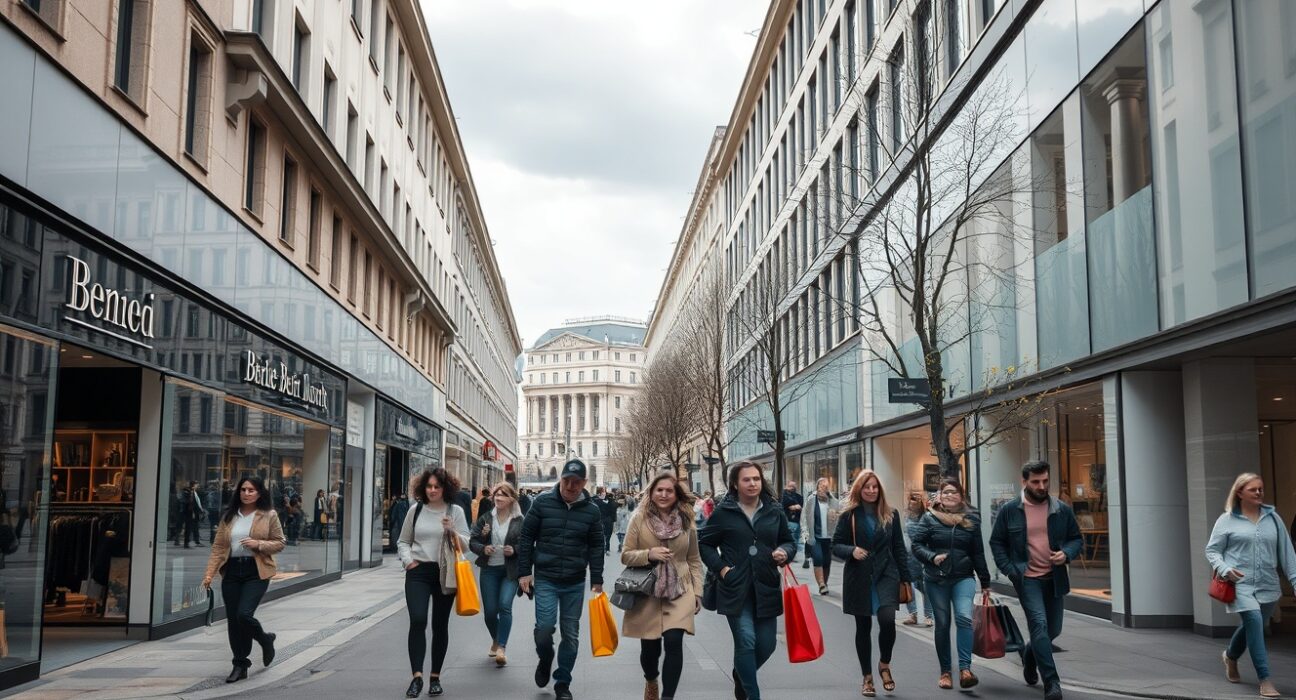 Shoppers on a busy retail street in a German city center on a cloudy spring day