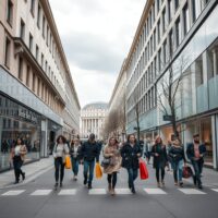 Shoppers on a busy retail street in a German city center on a cloudy spring day