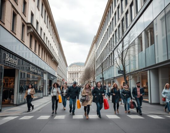 Shoppers on a busy retail street in a German city center on a cloudy spring day