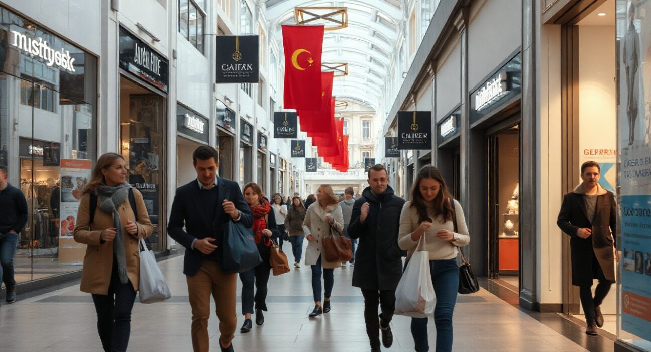 Shoppers on a busy German shopping street, reflecting consumer spending trends.