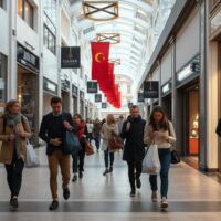 Shoppers on a busy German shopping street, reflecting consumer spending trends.