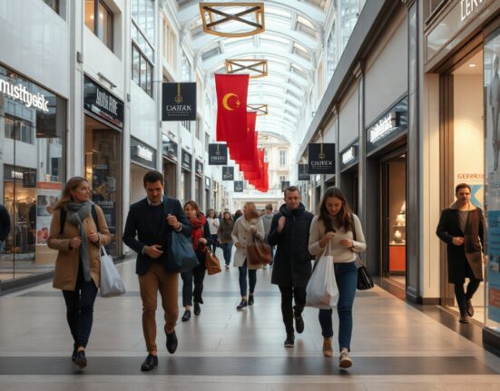 Shoppers on a busy German shopping street, reflecting consumer spending trends.