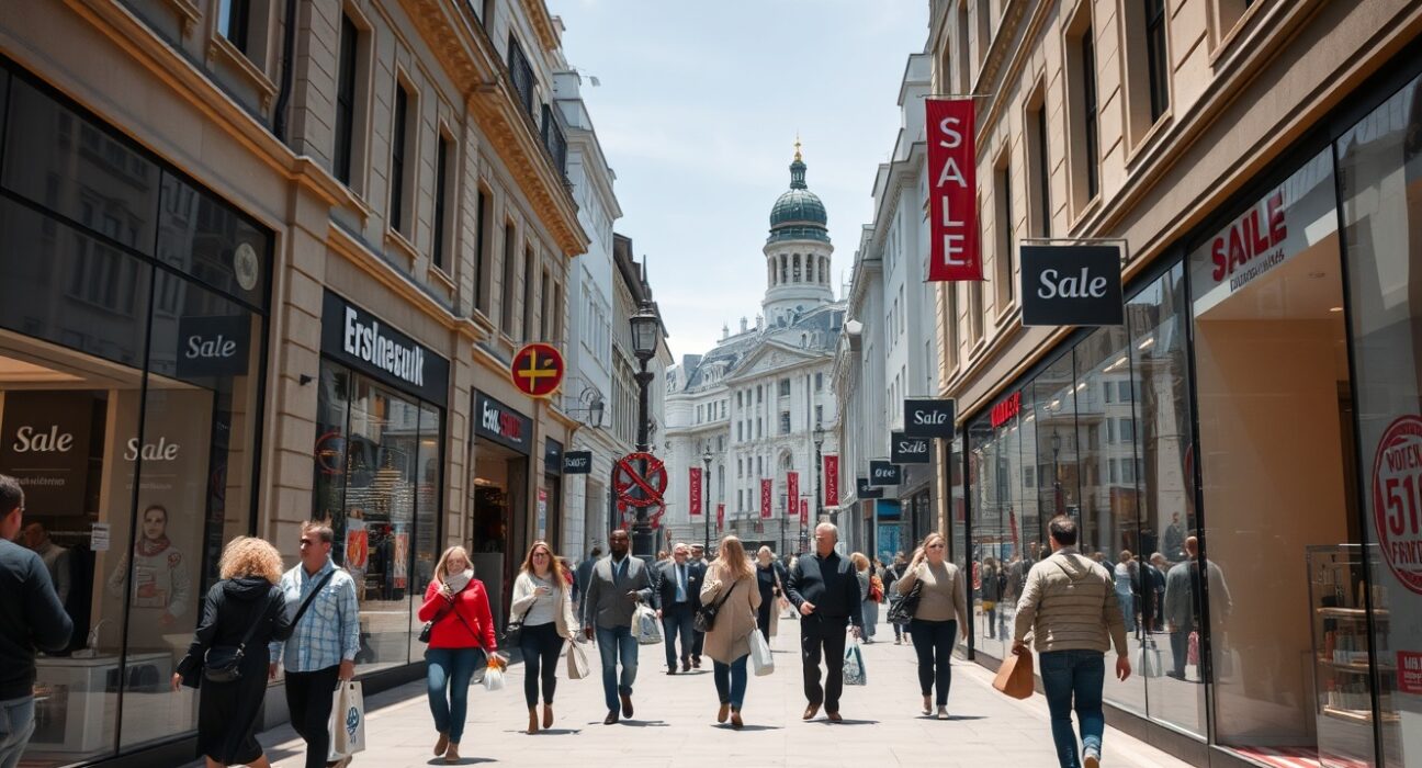 Busy German shopping street with shoppers carrying bags on a sunny day