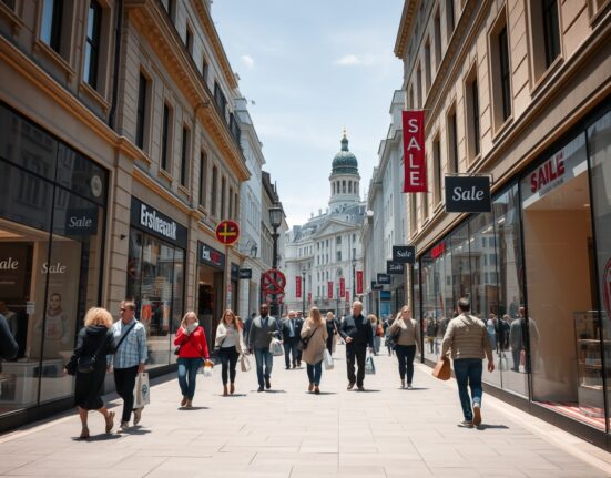 Busy German shopping street with shoppers carrying bags on a sunny day
