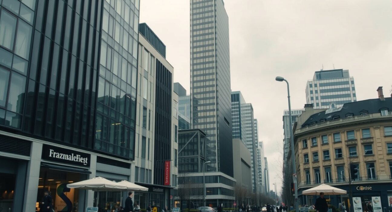 A cloudy view of a German city's business district with office buildings and service businesses, reflecting a slight economic contraction.