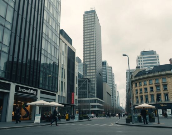A cloudy view of a German city's business district with office buildings and service businesses, reflecting a slight economic contraction.