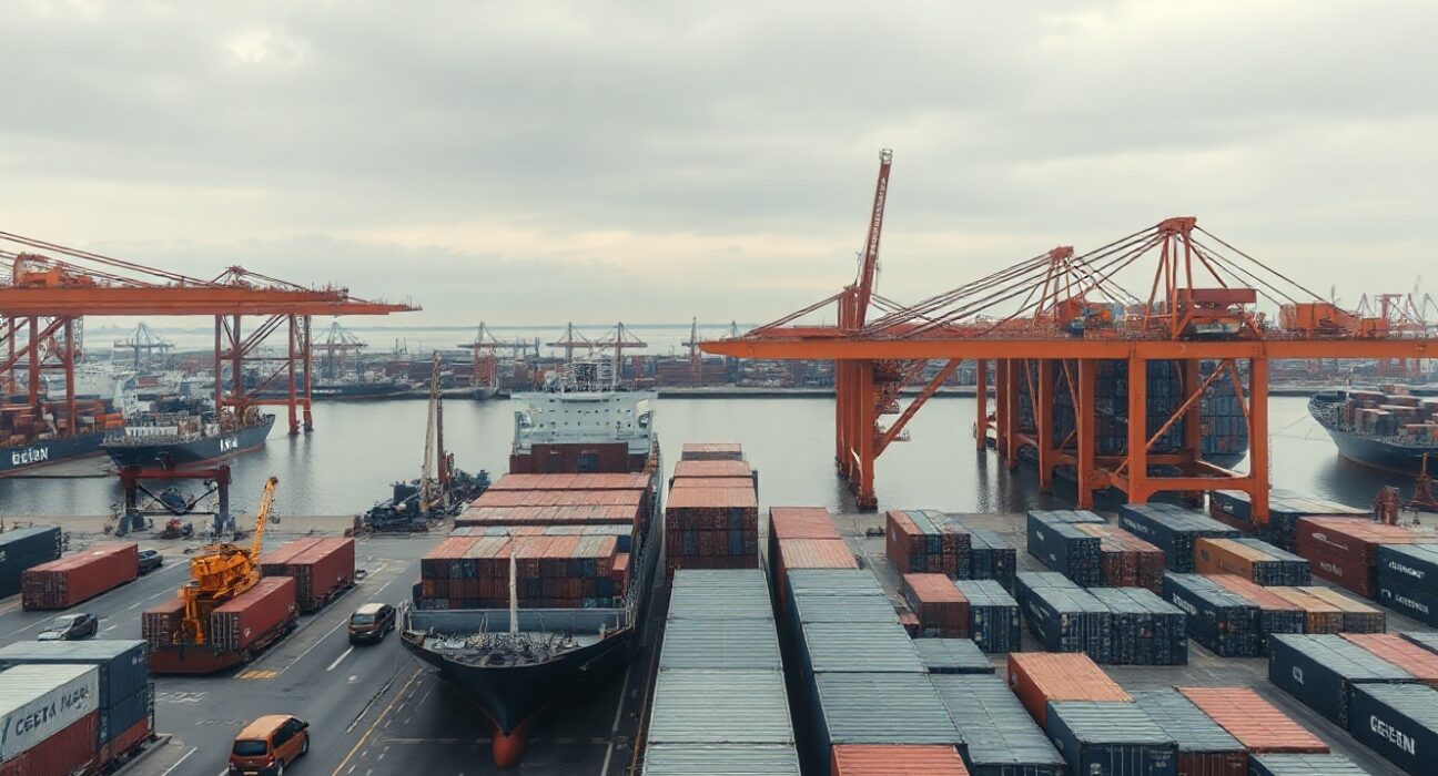 Container ships and cranes at a German port, representing trade activity in June 2025.