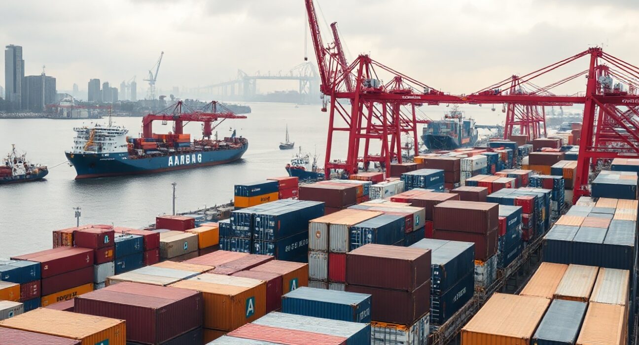 Aerial view of the Port of Hamburg with container ships and cranes, representing German trade activity.