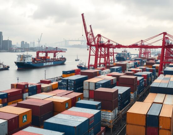 Aerial view of the Port of Hamburg with container ships and cranes, representing German trade activity.