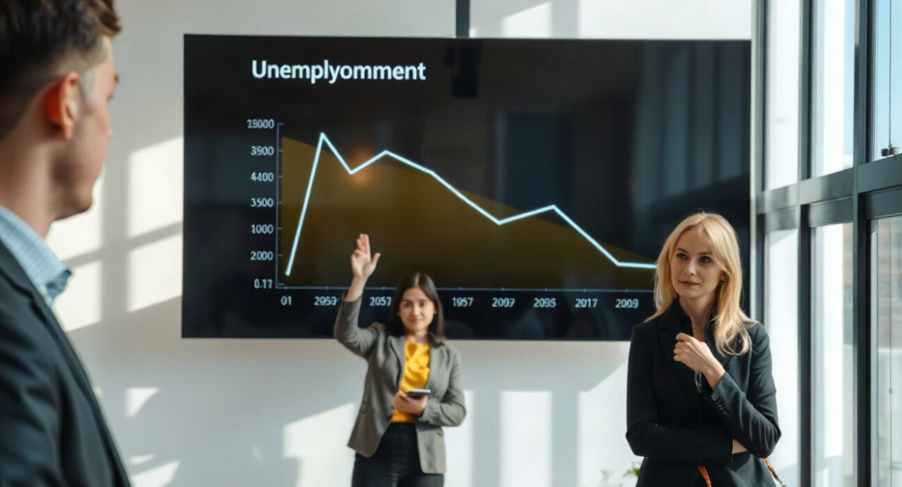 Professionals observing a digital unemployment statistics display in a German employment agency office.