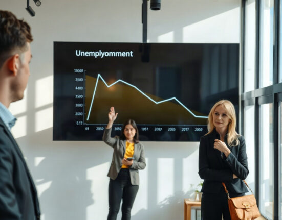 Professionals observing a digital unemployment statistics display in a German employment agency office.