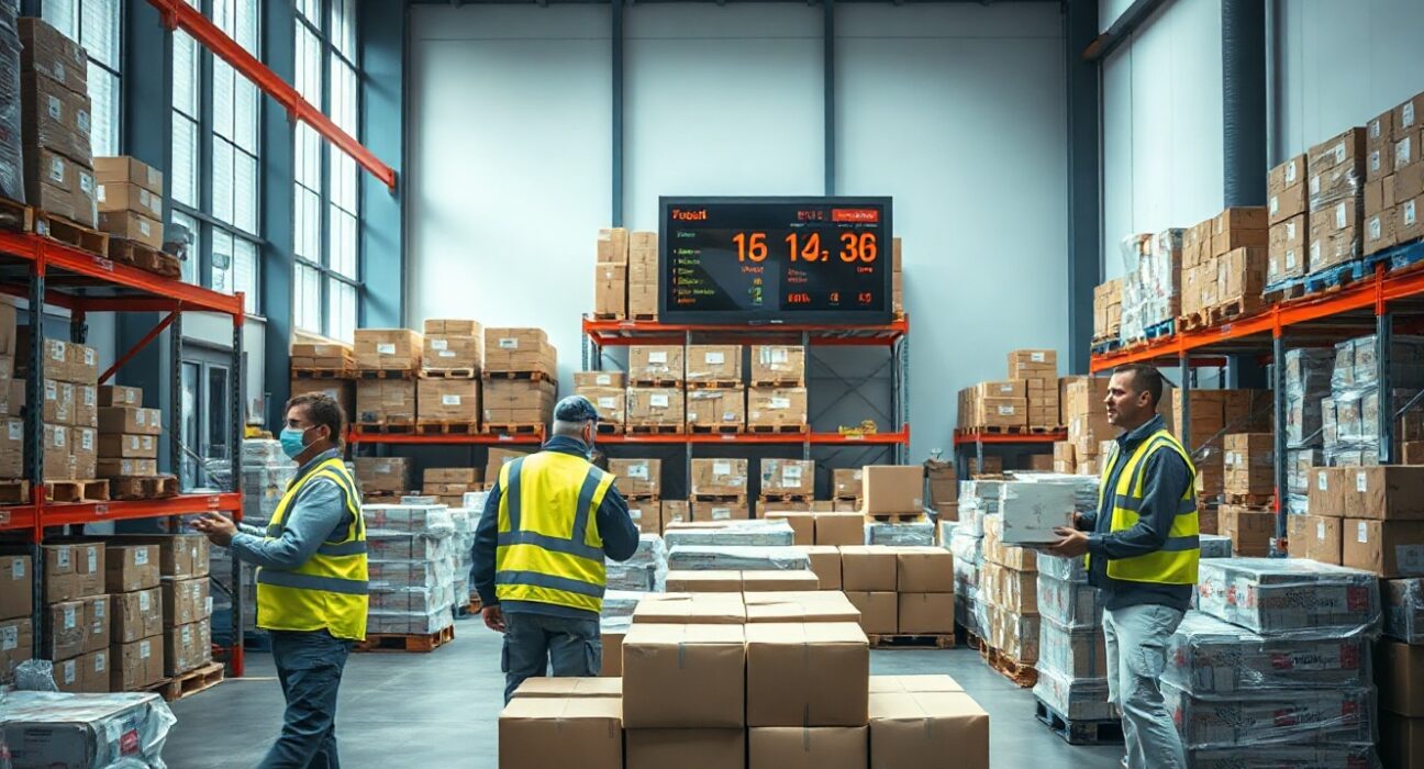 Workers moving goods in a German wholesale distribution center