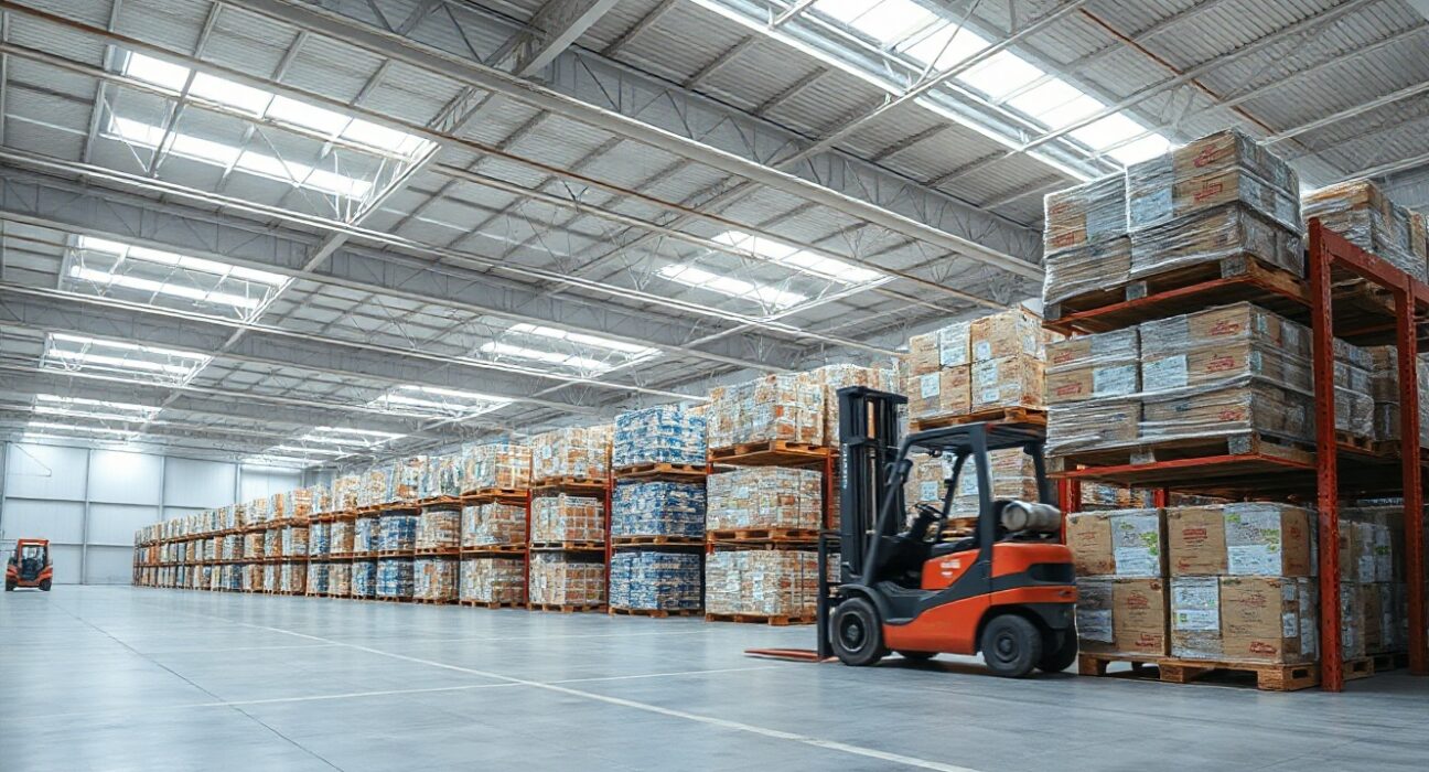 Forklift moving pallets in a German wholesale distribution center, illustrating supply chain activity.