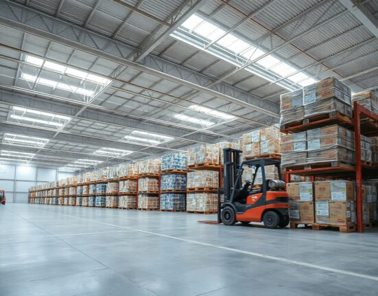 Forklift moving pallets in a German wholesale distribution center, illustrating supply chain activity.