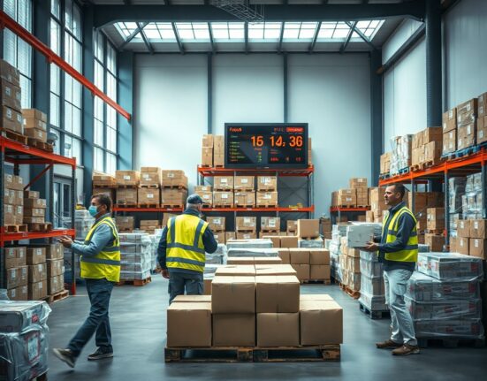 Workers moving goods in a German wholesale distribution center