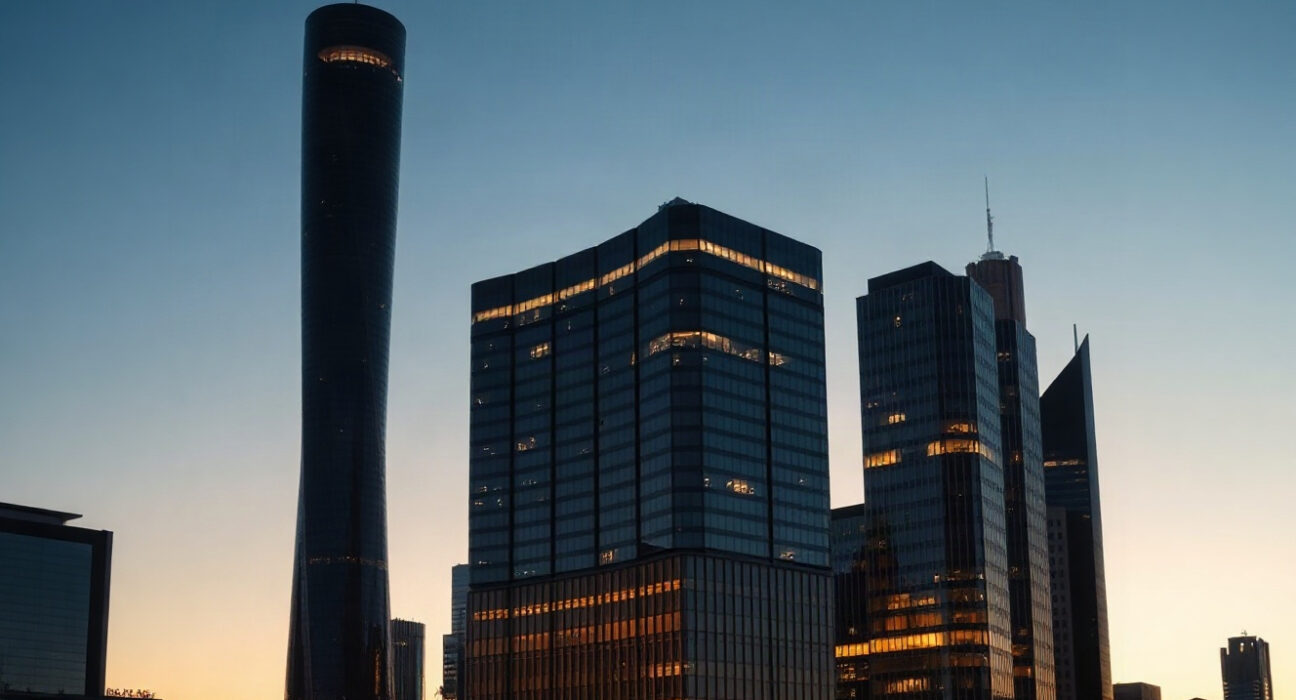 Frankfurt skyline with European Central Bank building at dusk, symbolizing German economic sentiment.