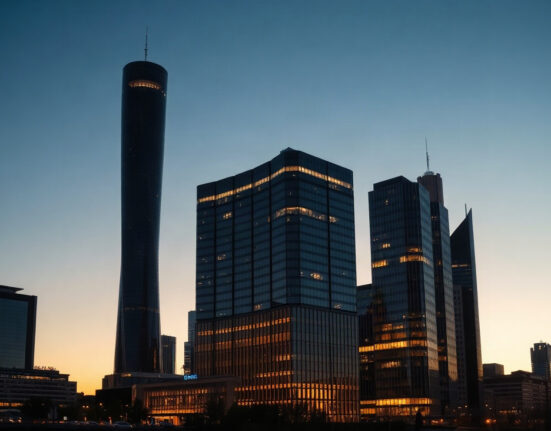 Frankfurt skyline with European Central Bank building at dusk, symbolizing German economic sentiment.