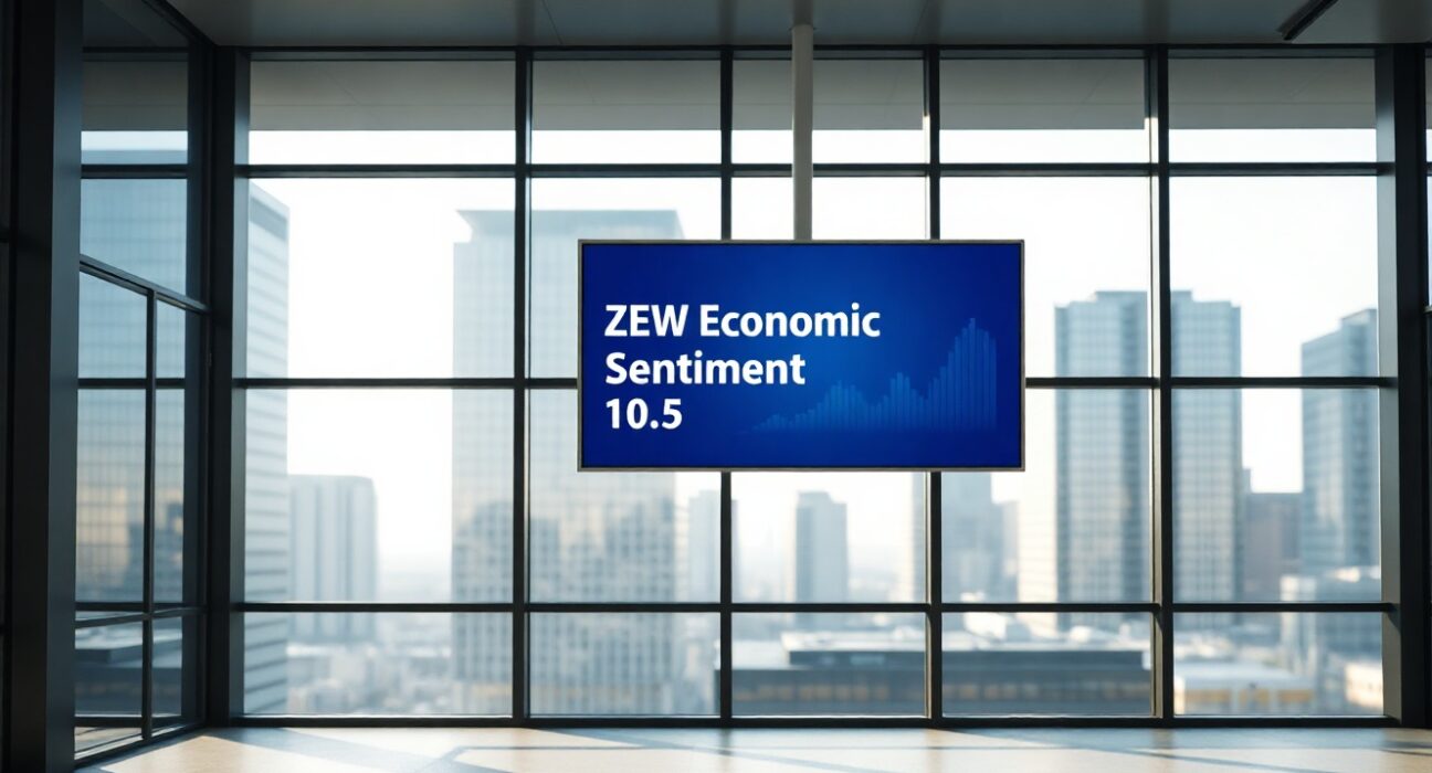 Digital display showing ZEW Economic Sentiment index at 10.5 in a modern Frankfurt office