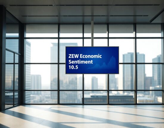 Digital display showing ZEW Economic Sentiment index at 10.5 in a modern Frankfurt office
