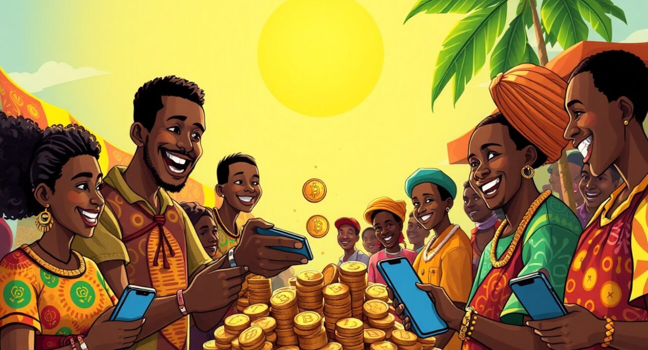 Ghana celebrates passing the cryptocurrency legalization bill with digital coins and traditional symbols