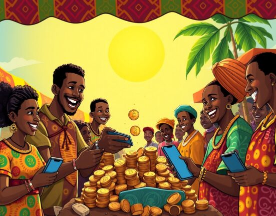 Ghana celebrates passing the cryptocurrency legalization bill with digital coins and traditional symbols