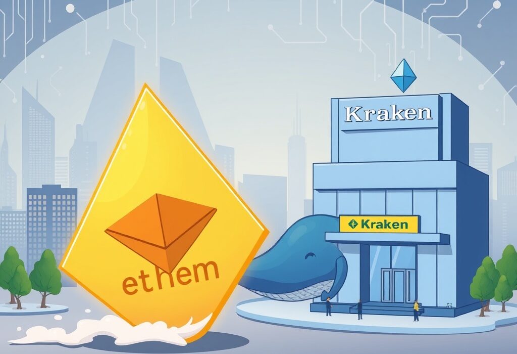 A cartoon whale moving a large ETH transfer towards the Kraken exchange, symbolizing a significant Ethereum movement.