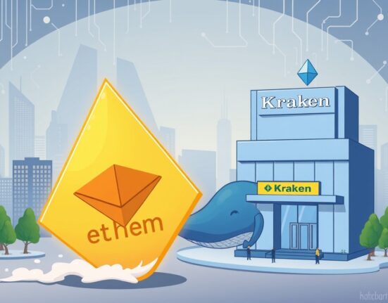 A cartoon whale moving a large ETH transfer towards the Kraken exchange, symbolizing a significant Ethereum movement.