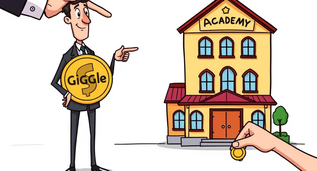 A cartoon illustration clarifying that the GIGGLE coin is separate from the educational mission of Giggle Academy, emphasizing the importance of distinction.